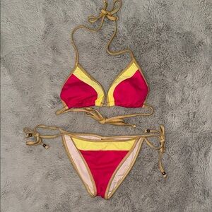 GUESS Pink and Yellow Triangle String Bikini Swimsuit Set Bright Colors
